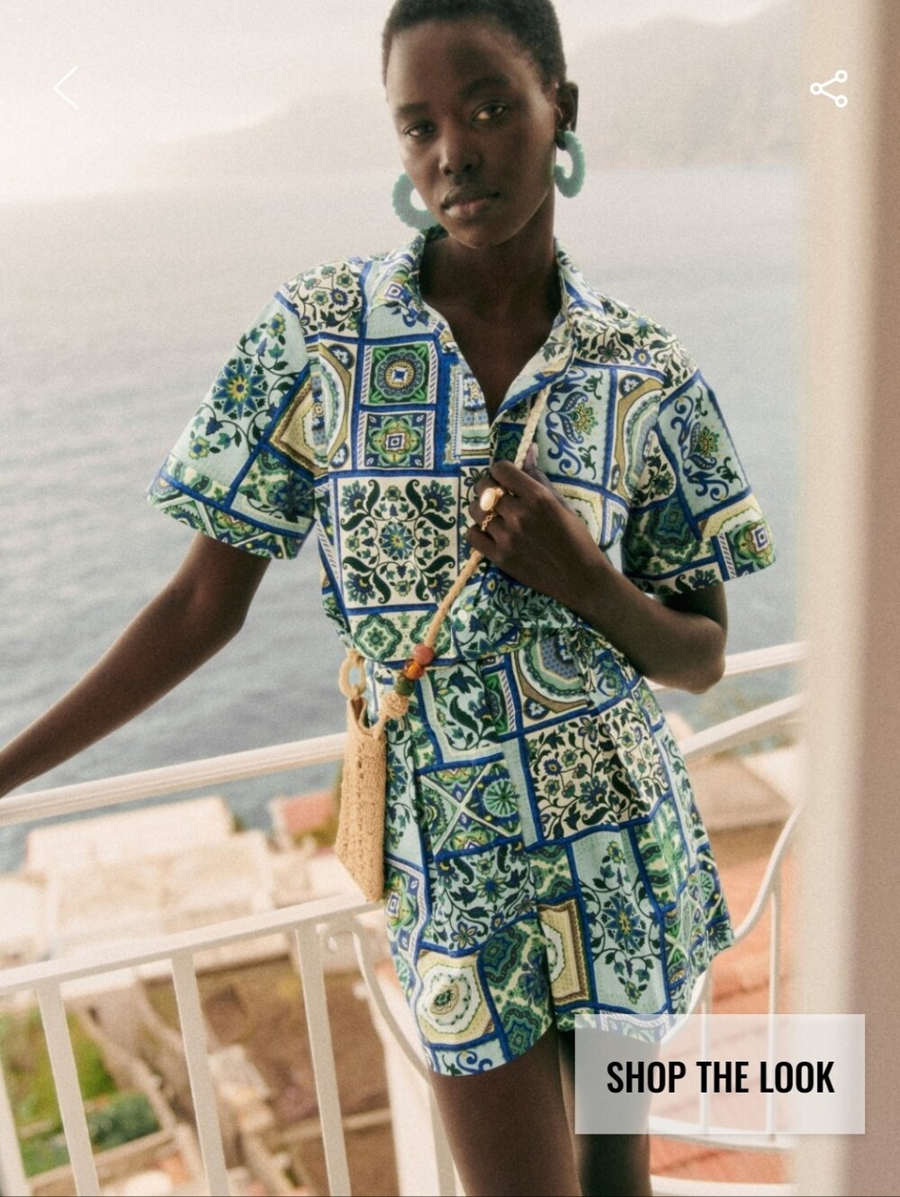 Sezane X Momoni- Livia Short-Sleeve Button-Down Shirt- Green and Blue Tile Print - Picture 5 of 6
